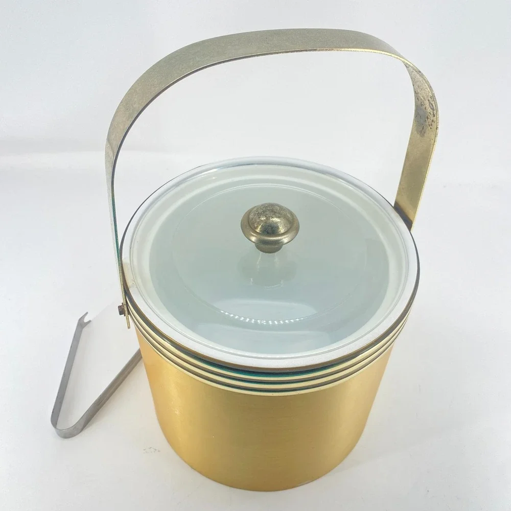 Vintage Ice Bucket Gold Toned with Lid and Ice Tongs Mid Century Barware Round